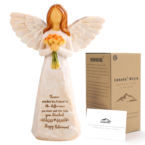 Kohehe retirement angel figurine holding bouquet, a thoughtful display for desk or mantel.
