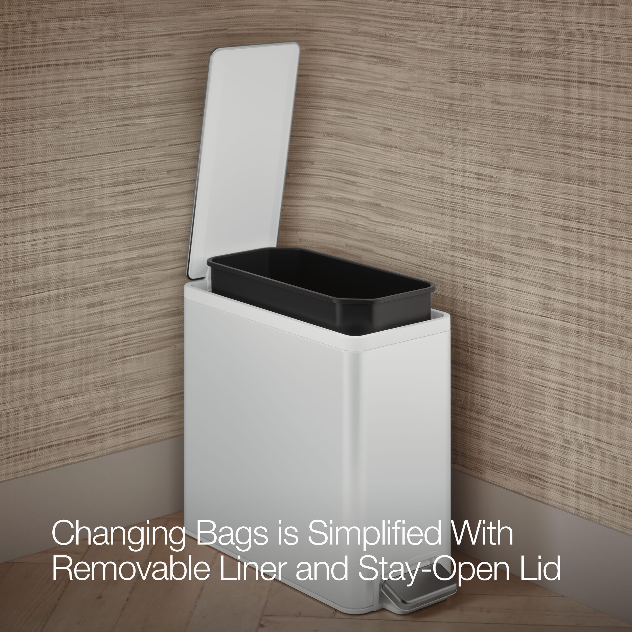 Kohler 20957-STW removable liner and stay-open lid for easy bag changes.