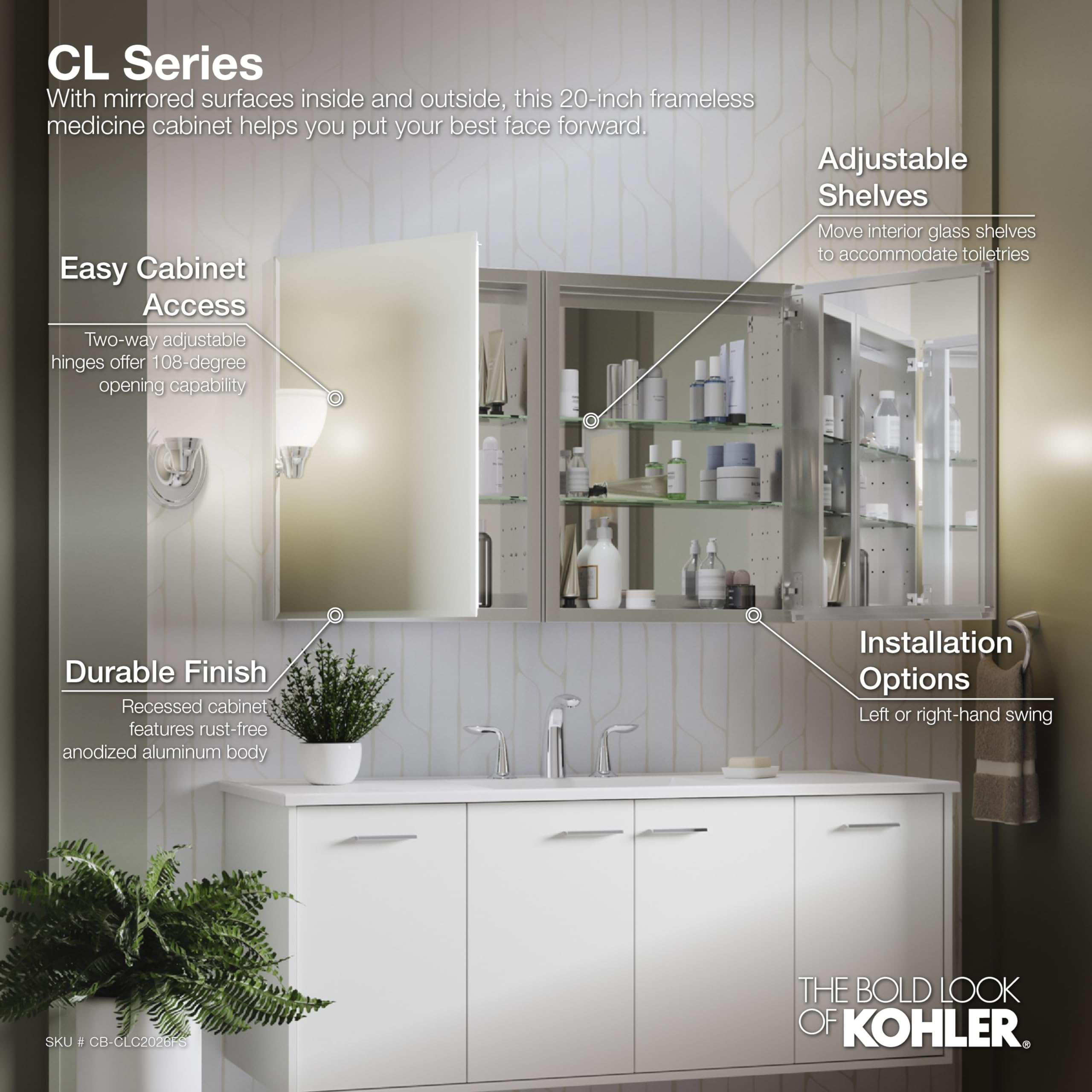 Kohler CB-CLC2026FS adjustable shelves inside for toiletries