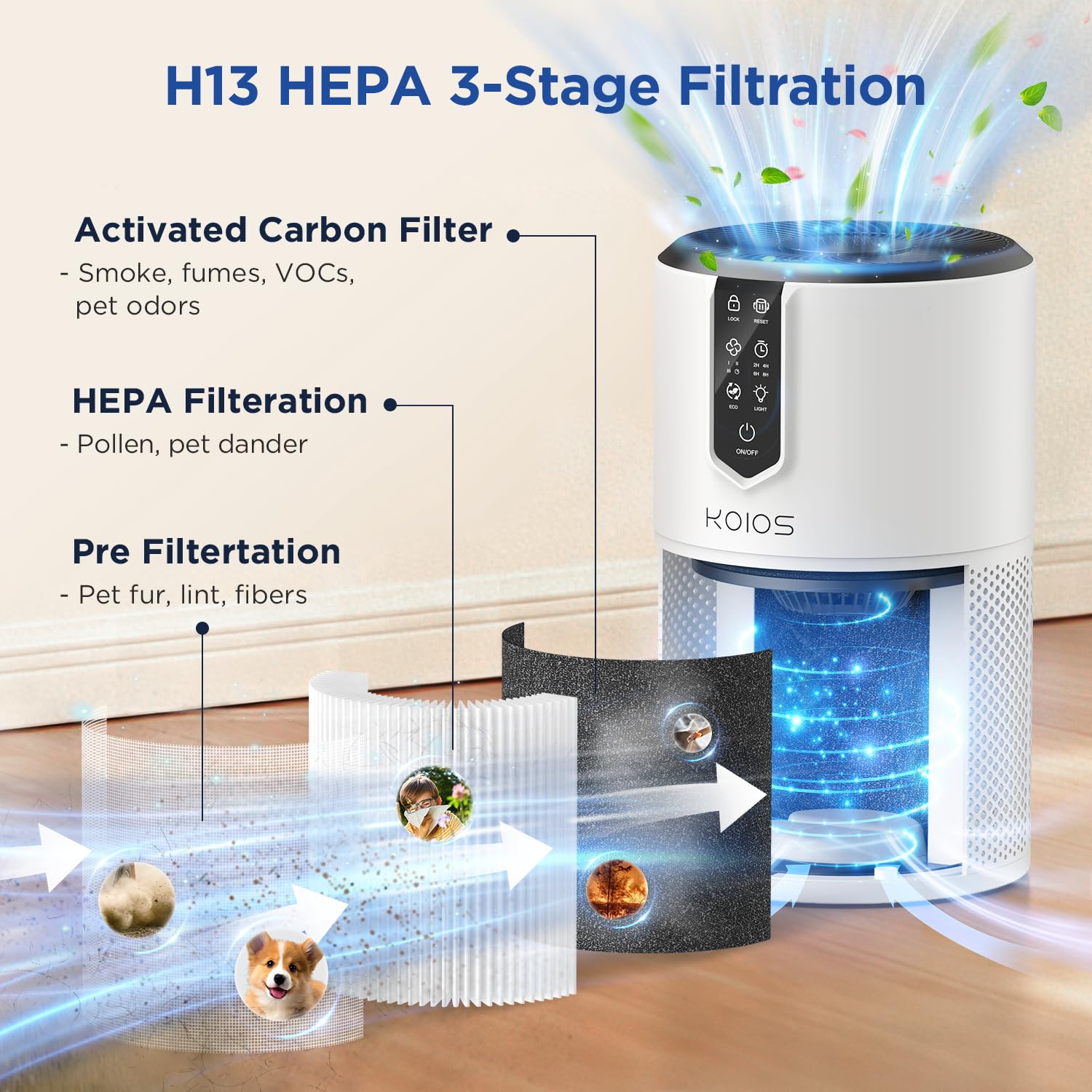  KOIOS C150 filter detail highlights HEPA performance and maintenance cues