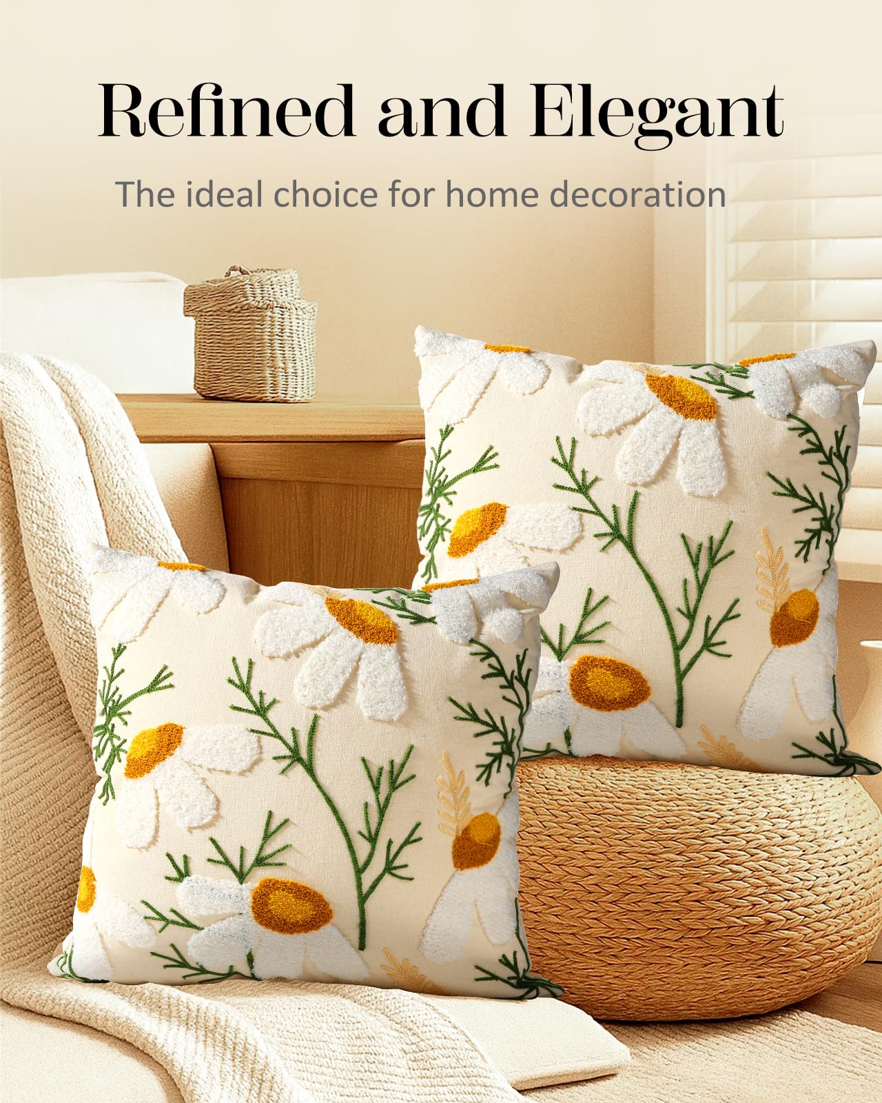 Kokaaee 3D embroidery adds tactile detail to decorative cushions.