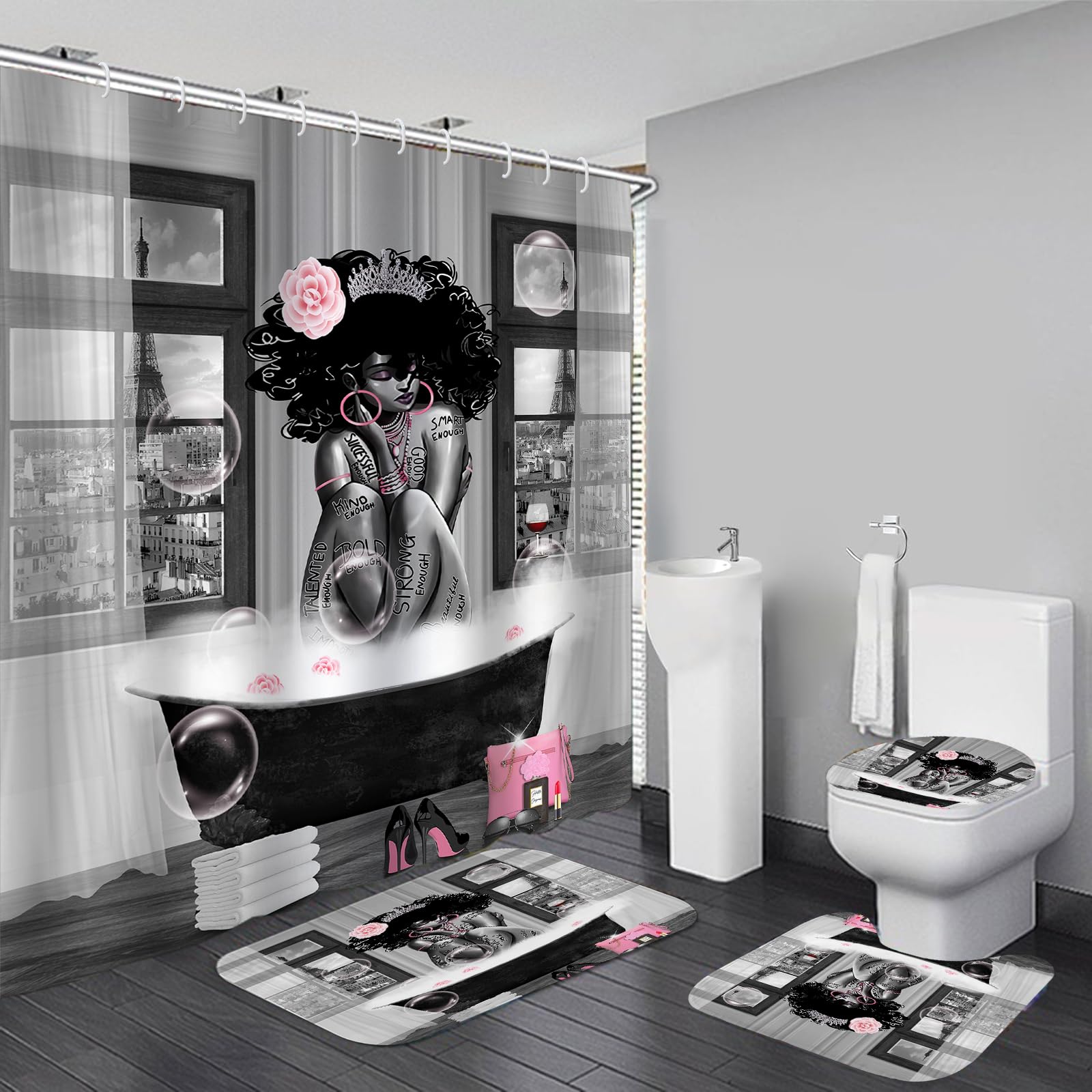 KOKGYM Black girl shower curtain with bubbles, roses, and Eiffel Tower pattern for chic bathroom decor