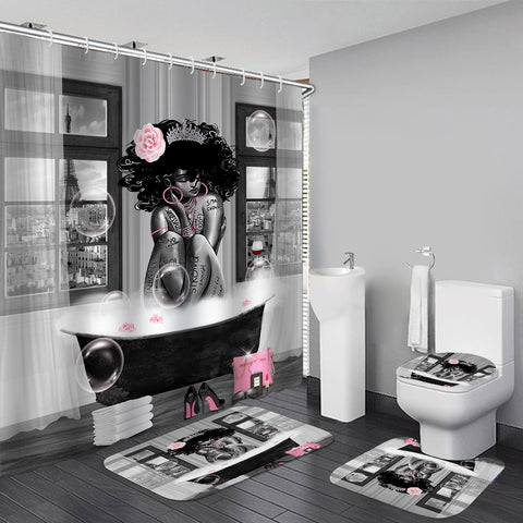 KOKGYM Black girl shower curtain with bubbles, roses, and Eiffel Tower pattern for chic bathroom decor