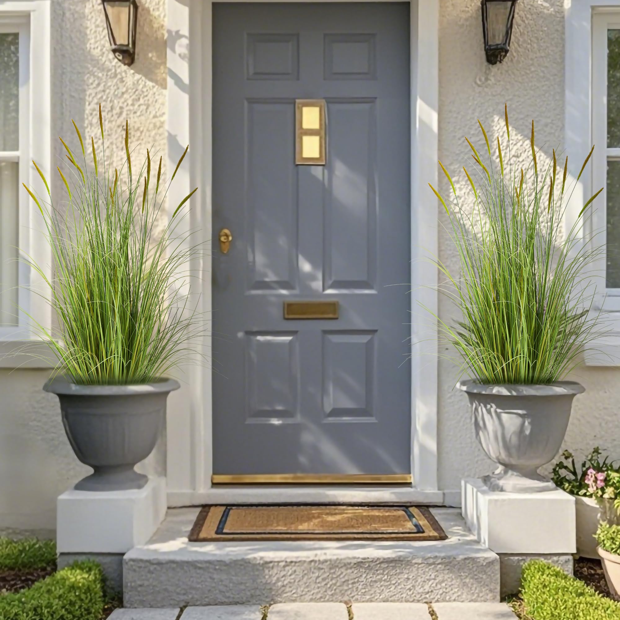 KOL artificial cattail grass for outdoor use adds enduring greenery.