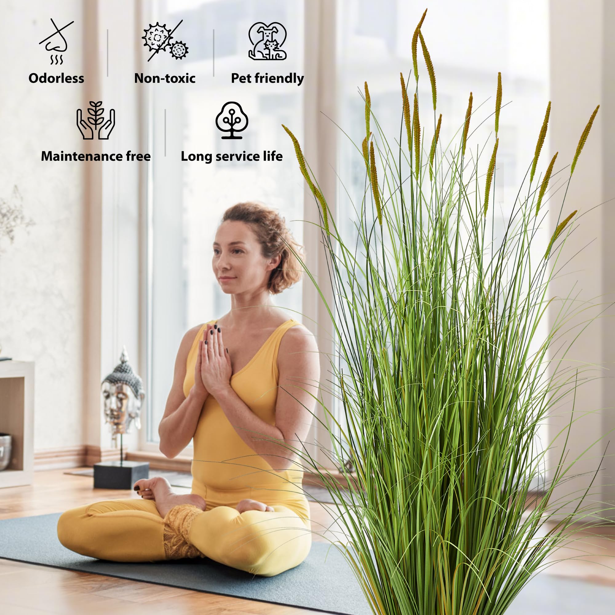 KOL artificial cattail reed grass vase display for contemporary living room styling.
