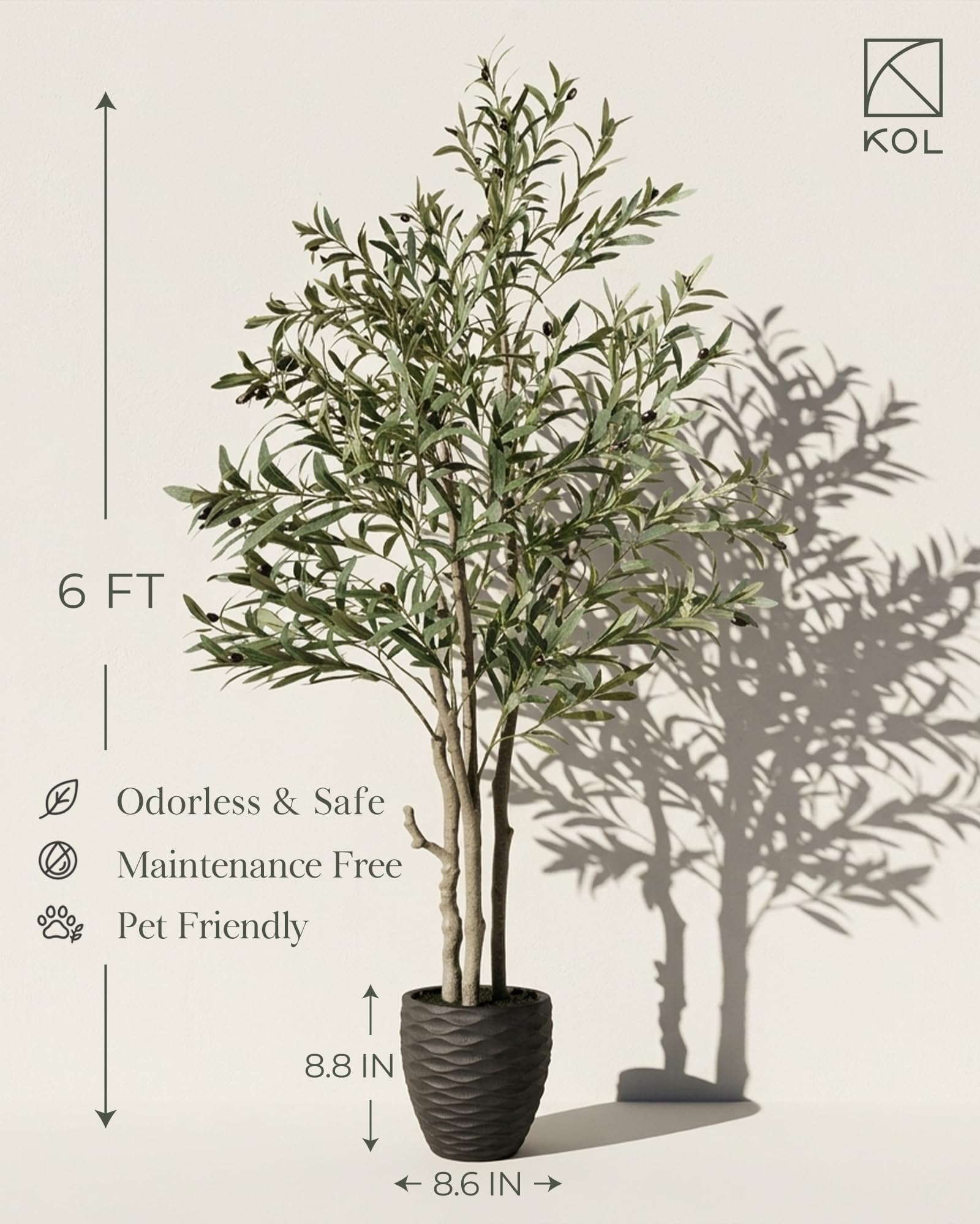 KOL olive tree fits boho, minimal, and modern decor styles.