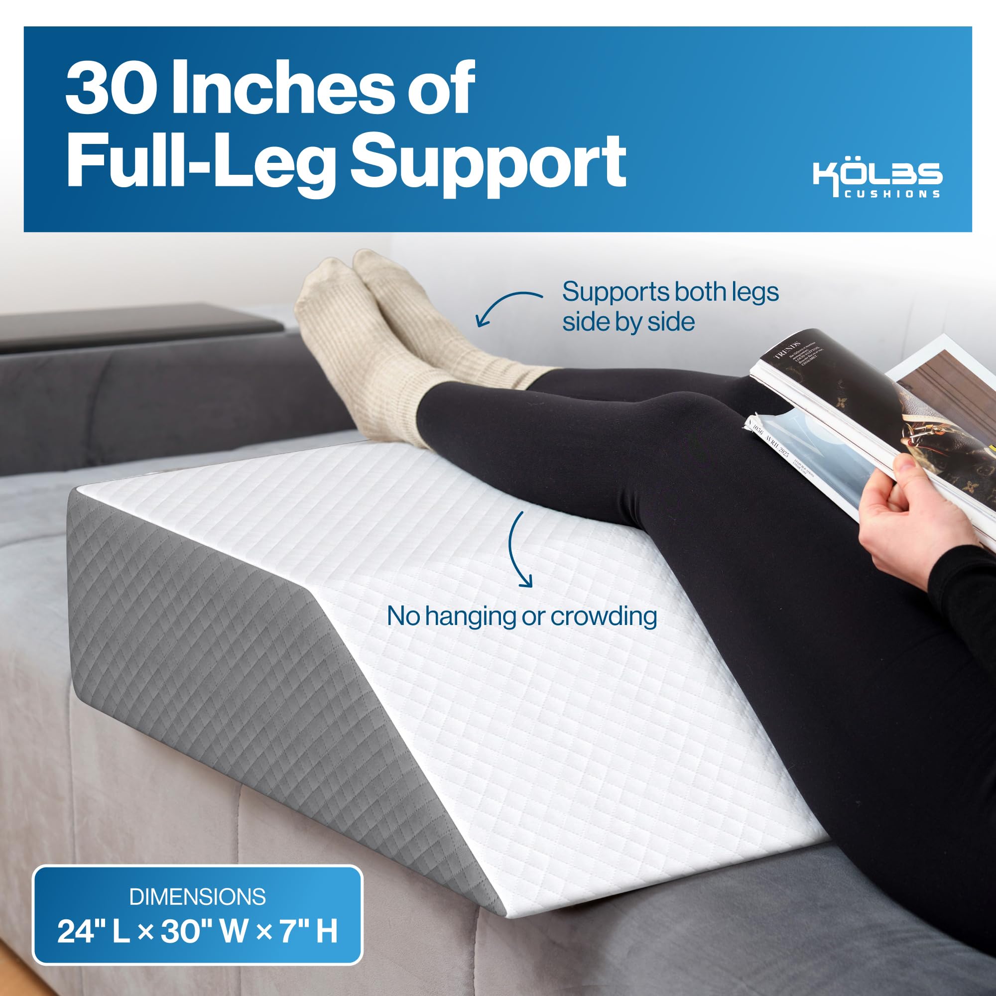 Kölbs leg elevation pillow on bed showing 30-inch width for full support.