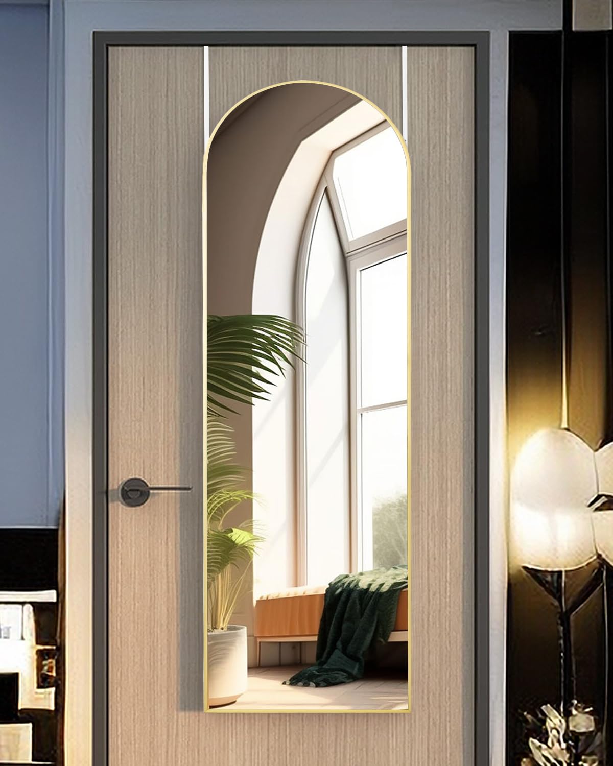 KOMCOTE over-the-door mirror saves space and enhances room depth