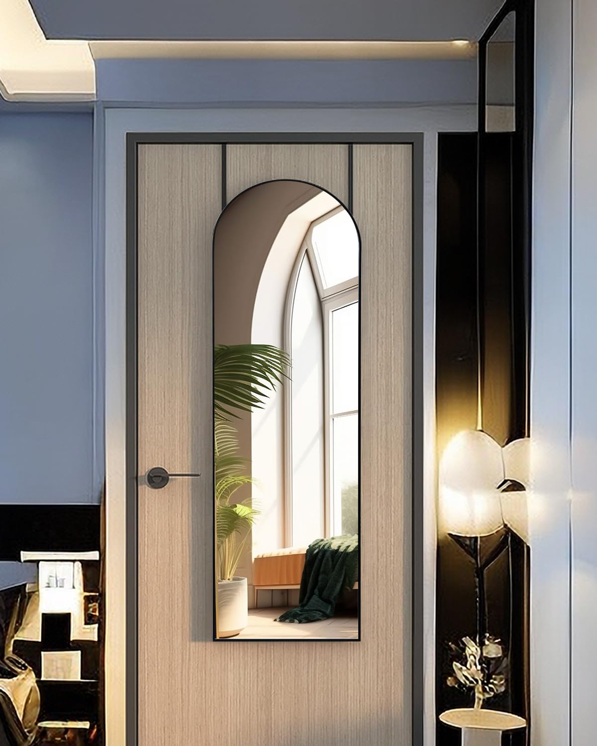 KOMCOTE wall-leaning full-length mirror enhances light and space.
