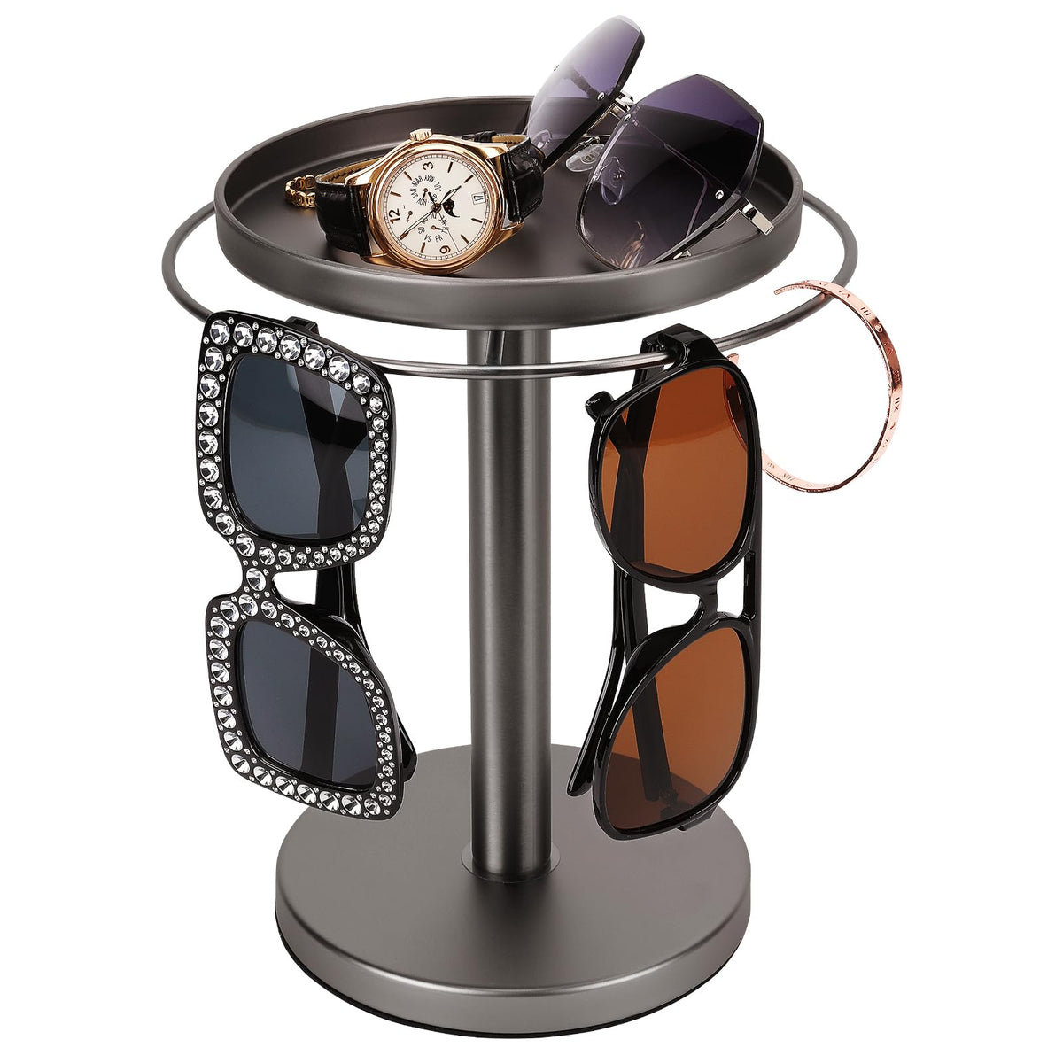 Kondyfayo 360° rotating sunglasses organizer in titanium black keeps eyewear accessible.