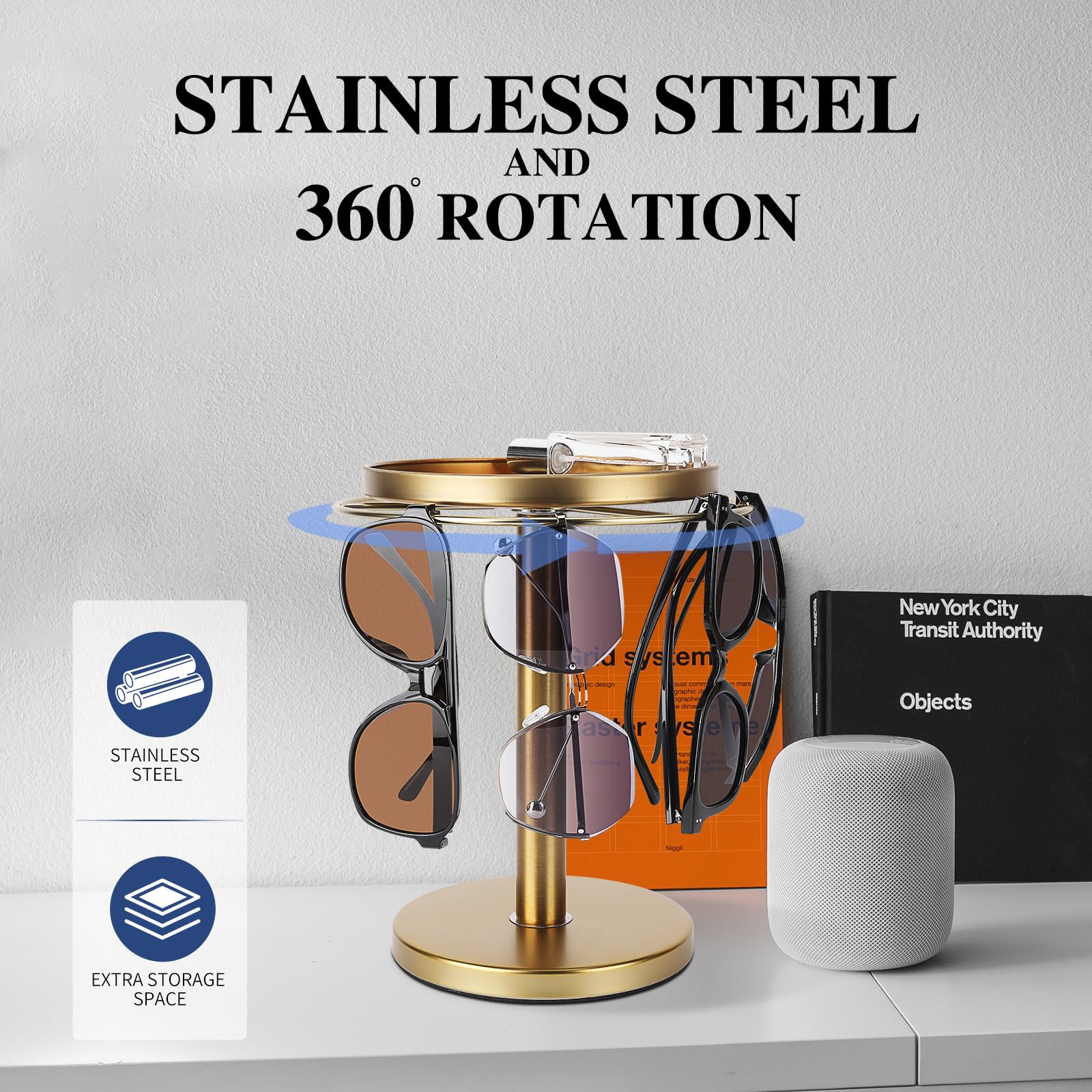 KONDYFAYO desktop-friendly stand in gold blends with any dresser or desk decor.