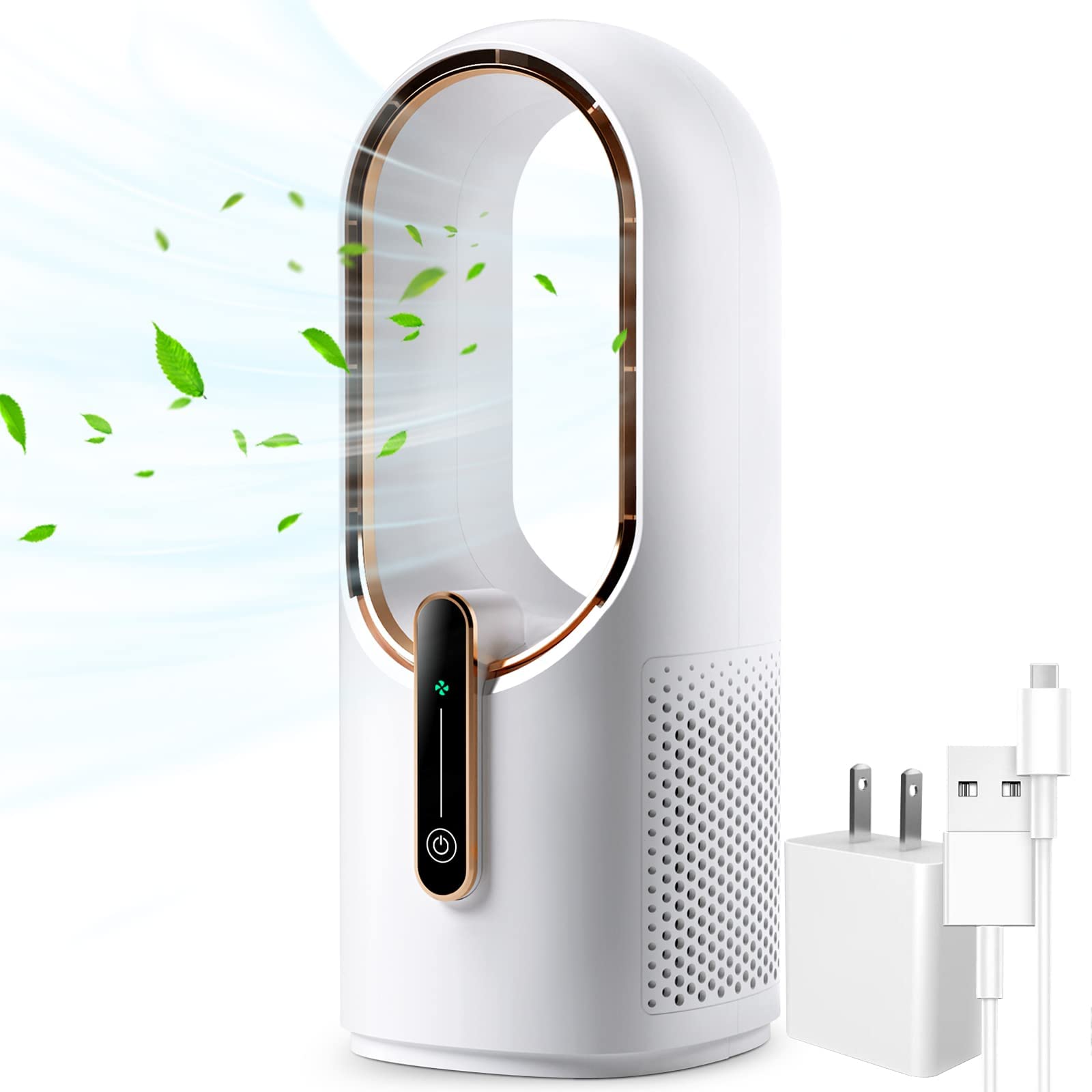 KONSIDEN bladeless desk fan front view showing safe, cool air at the workspace