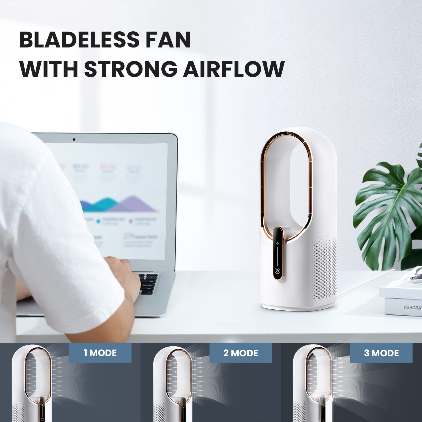 KONSIDEN bladeless desk fan side profile highlighting compact footprint
