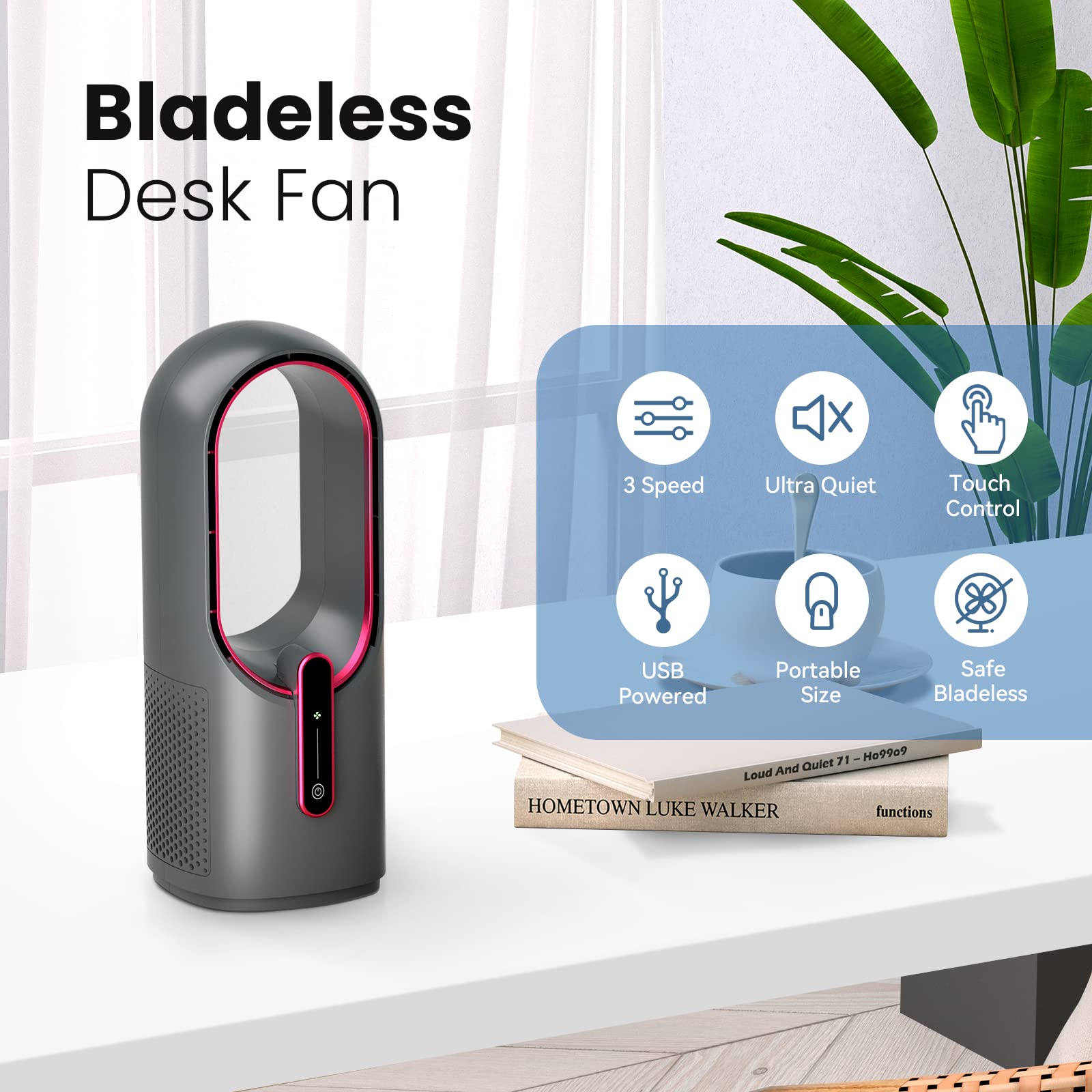 KONSIDEN bladeless desk fan front view, fitting neatly on a small workspace
