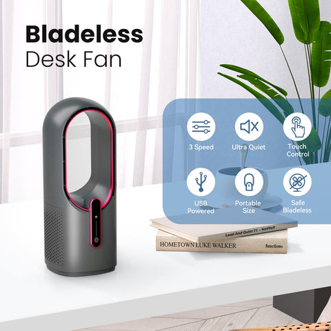 KONSIDEN bladeless desk fan front view, fitting neatly on a small workspace
