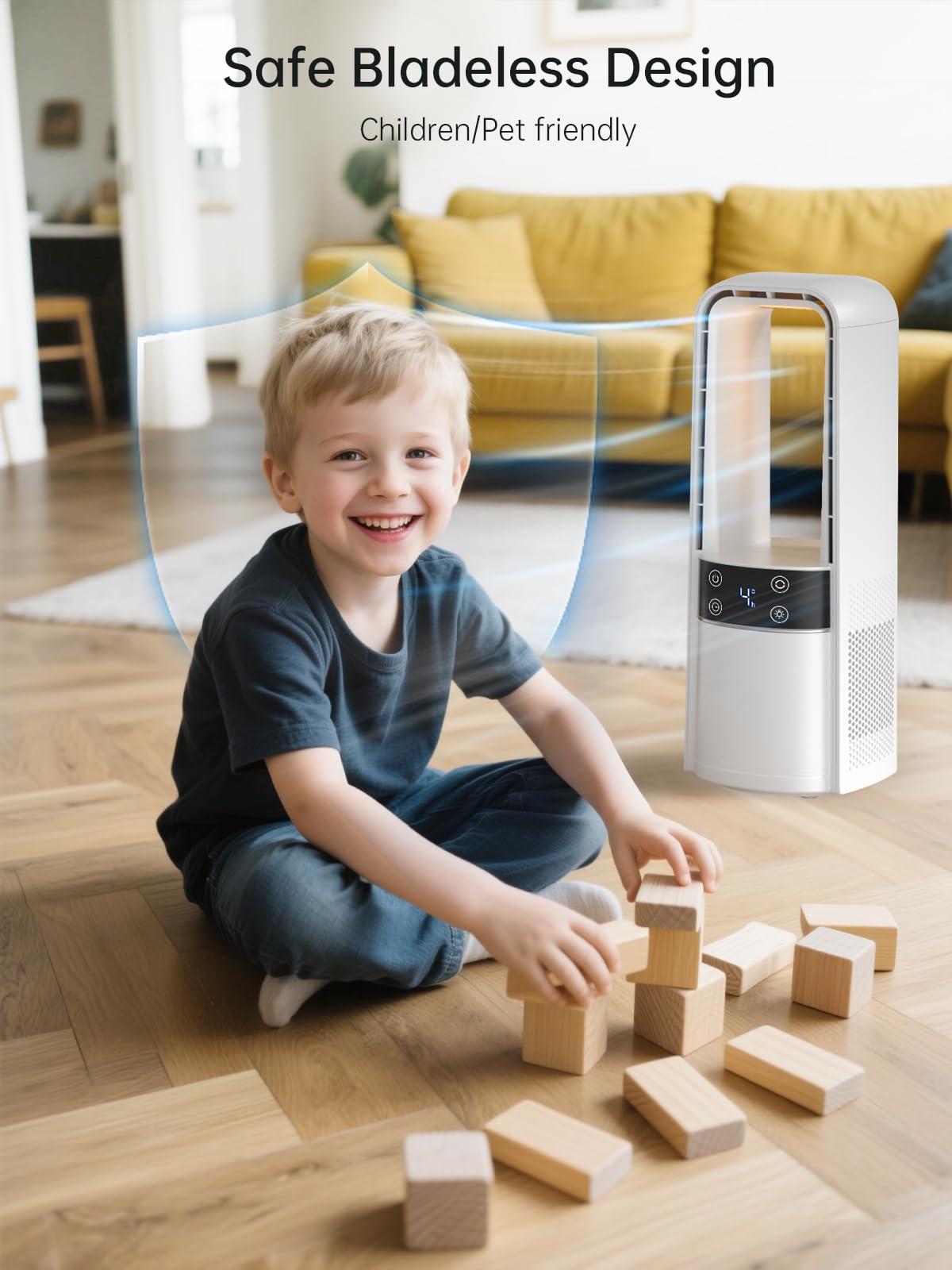 KONSIDEN bladeless desk fan in action with 120° oscillation for even airflow.