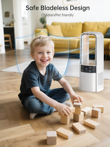 KONSIDEN bladeless desk fan in action with 120° oscillation for even airflow.