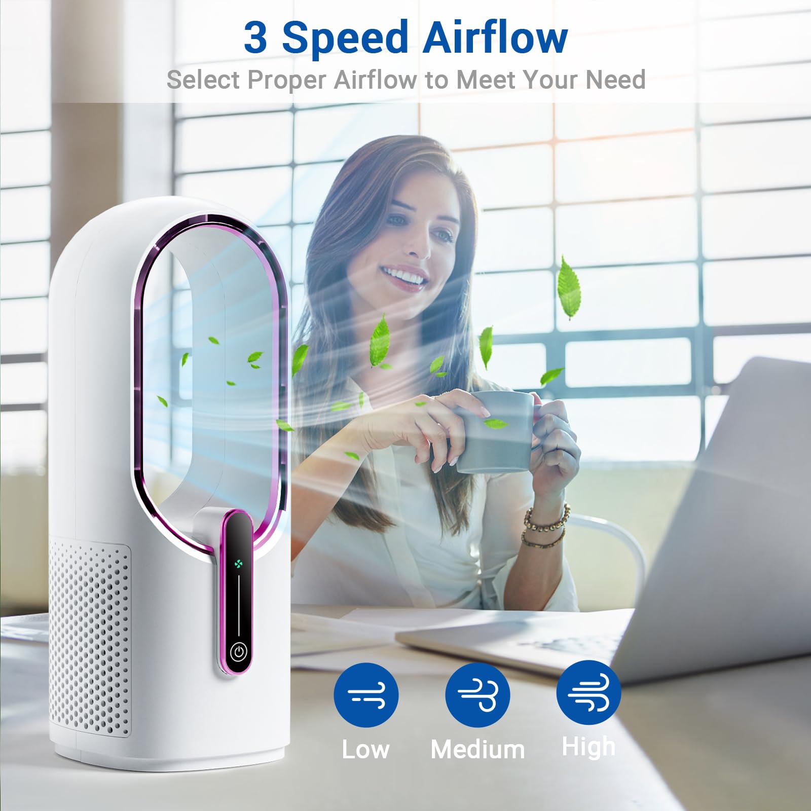 KONSIDEN quiet bladeless fan delivers gentle cooling for work