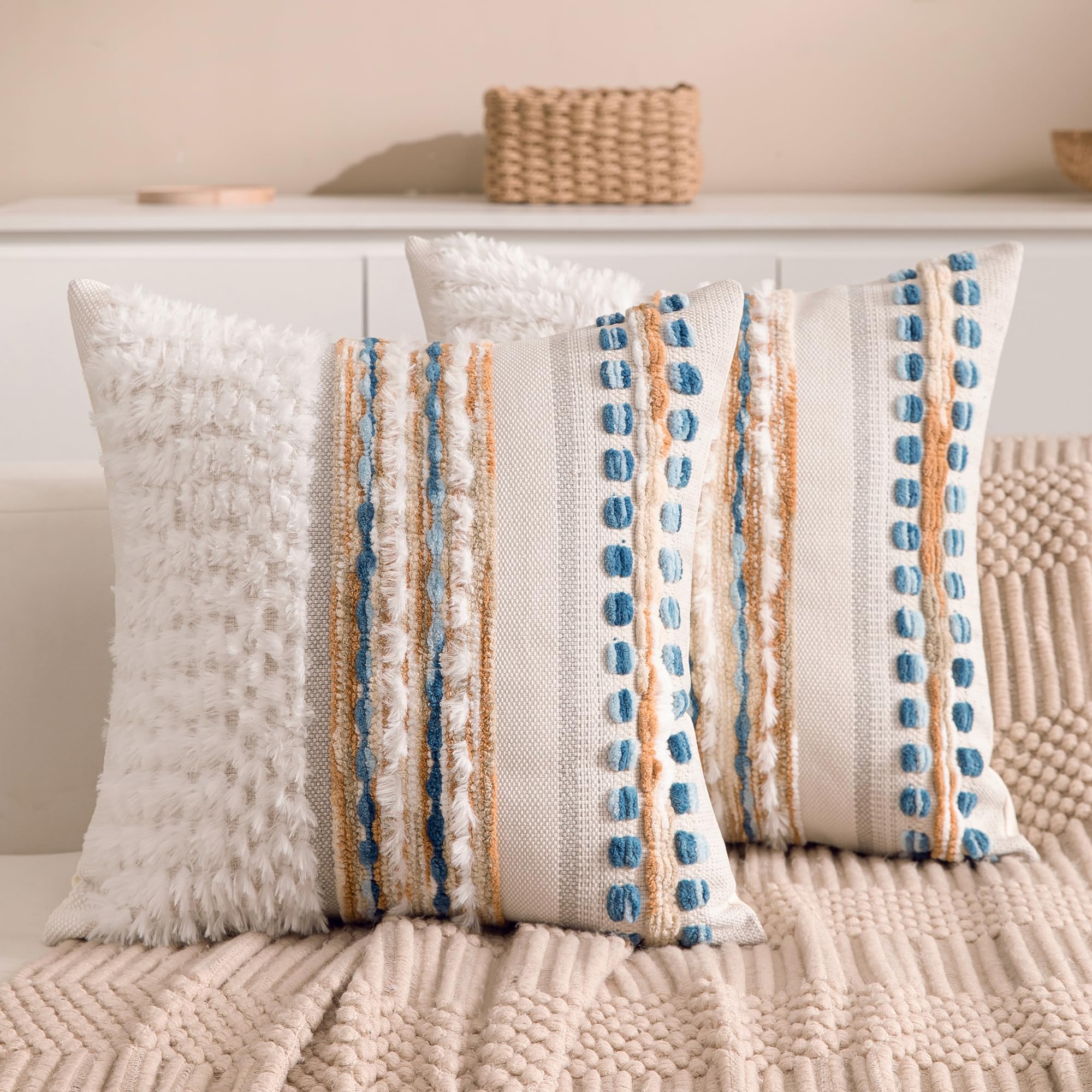 KOOLIFE boho chenille pillow cover with striped texture, ideal for cozy living room styling.