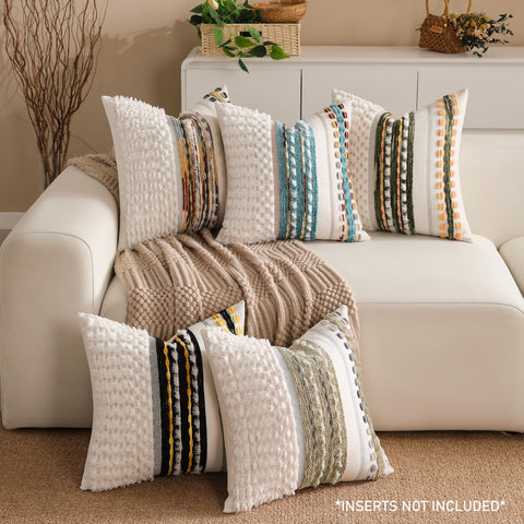 KOOLIFE boho chenille pillow cover with cream stripe complements neutral decor.