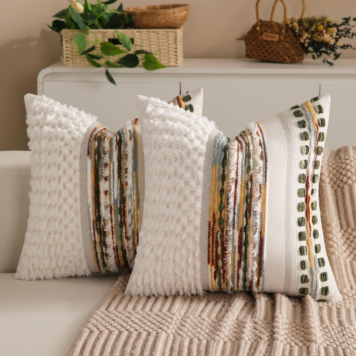 KOOLIFE boho chenille pillow cover with forest stripe adds cozy texture to any sofa.