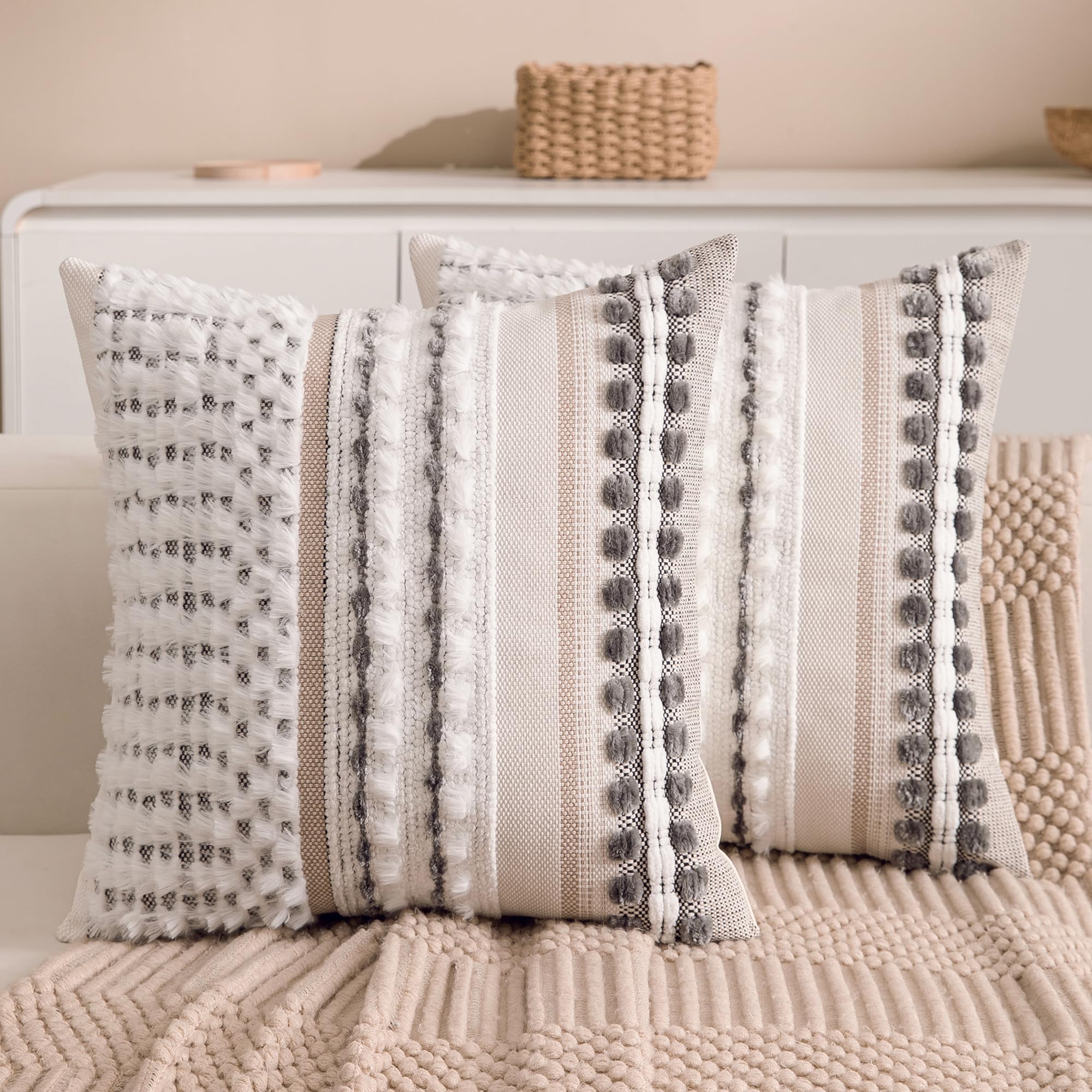 KOOLIFE boho chenille tufted pillow cover, 18x18, adds soft texture for cozy living spaces