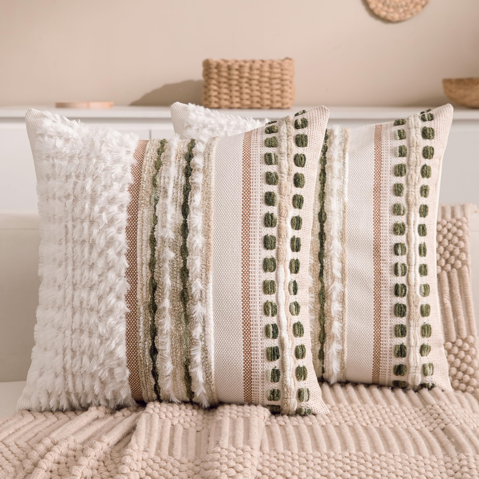 KOOLIFE boho chenille tufted pillow cover 18x18 set of two for cozy decor