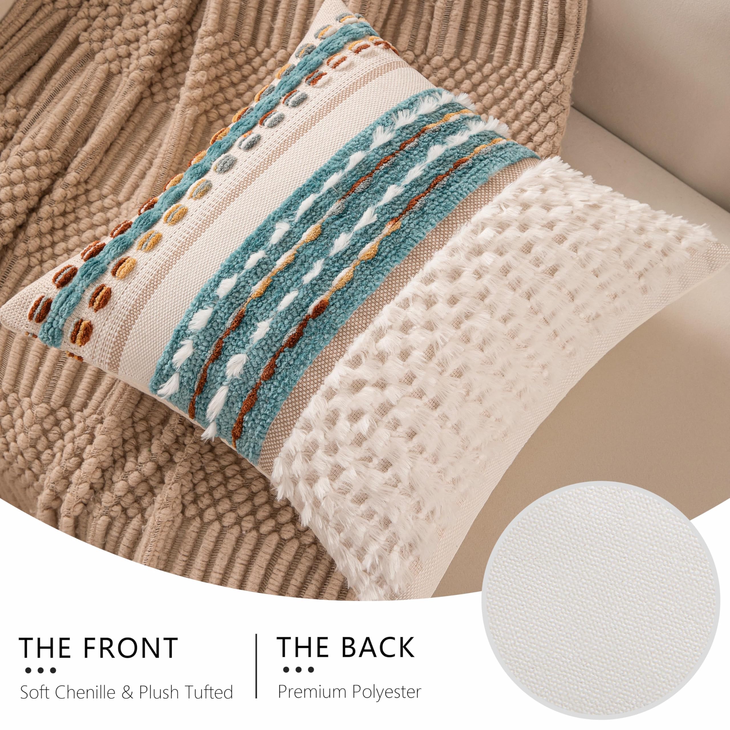 KOOLIFE boho decor in living room with neutral teal pillow covers.