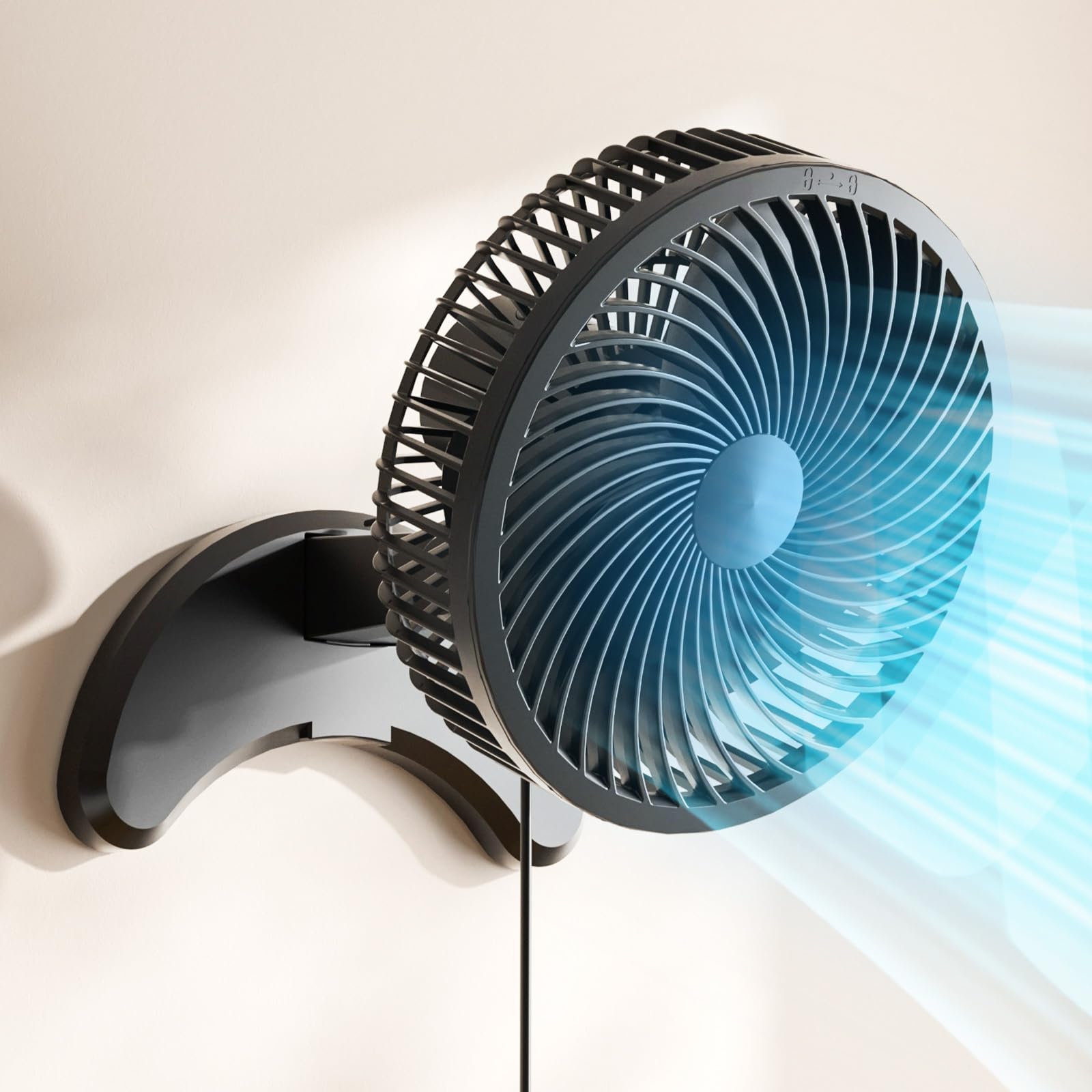 Koonie 8-inch wall-mount fan front view showing compact design for any room