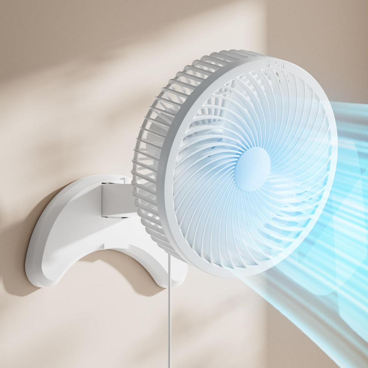 Koonie 8-inch wall fan – quiet operation for bedrooms.