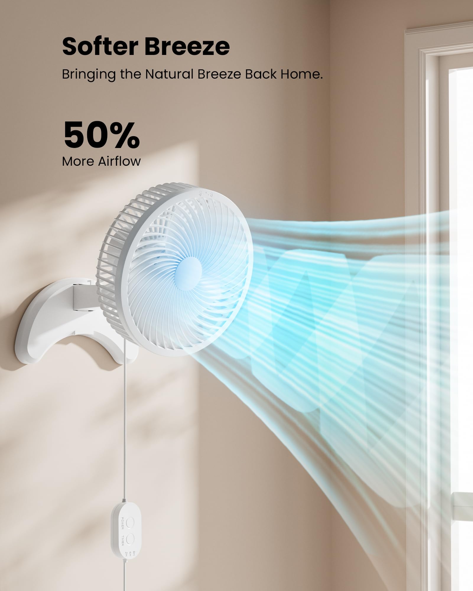 Koonie wall fan 80-degree oscillation provides broad coverage.