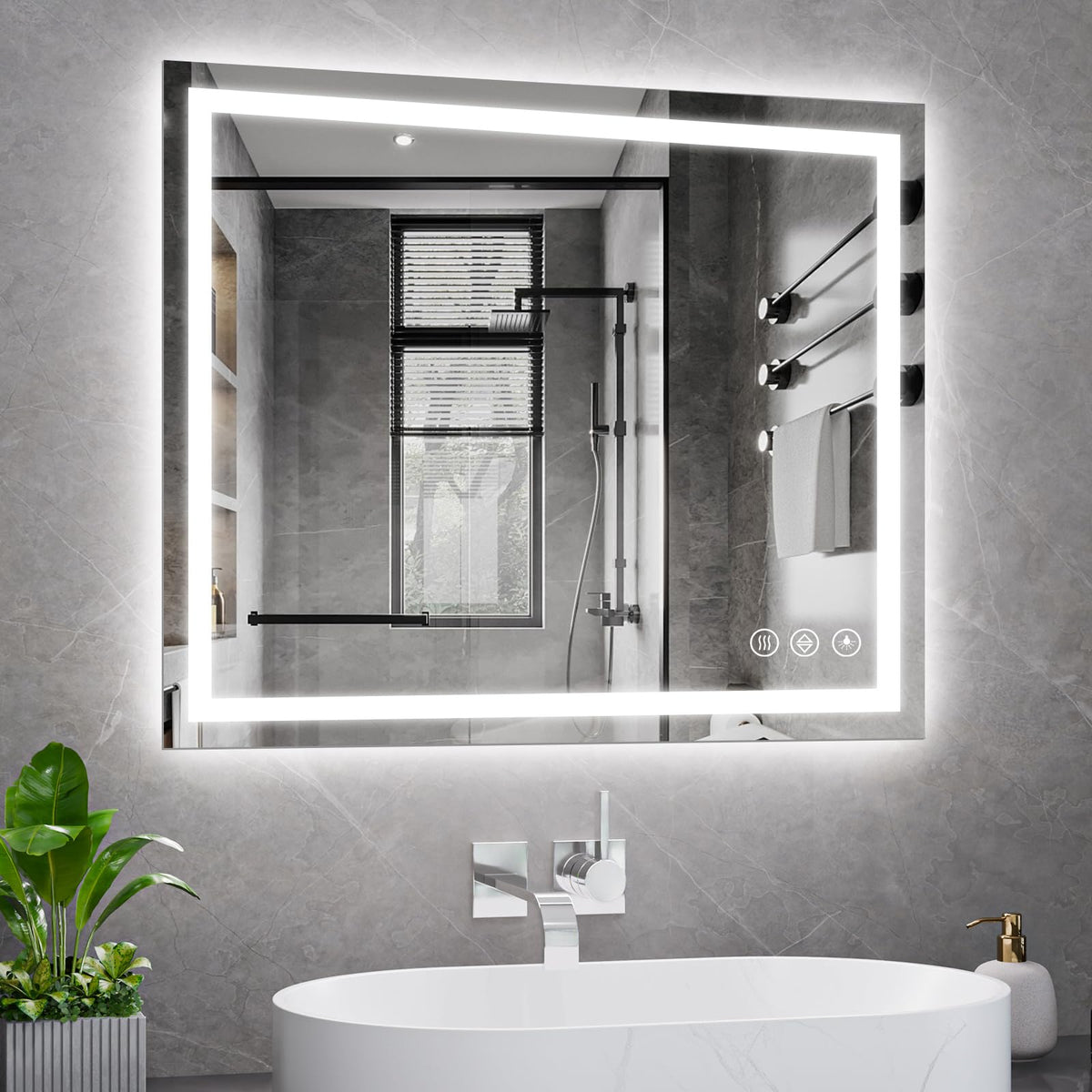 Koonmi 30x36 backlit and front lit LED mirror for even bathroom lighting.