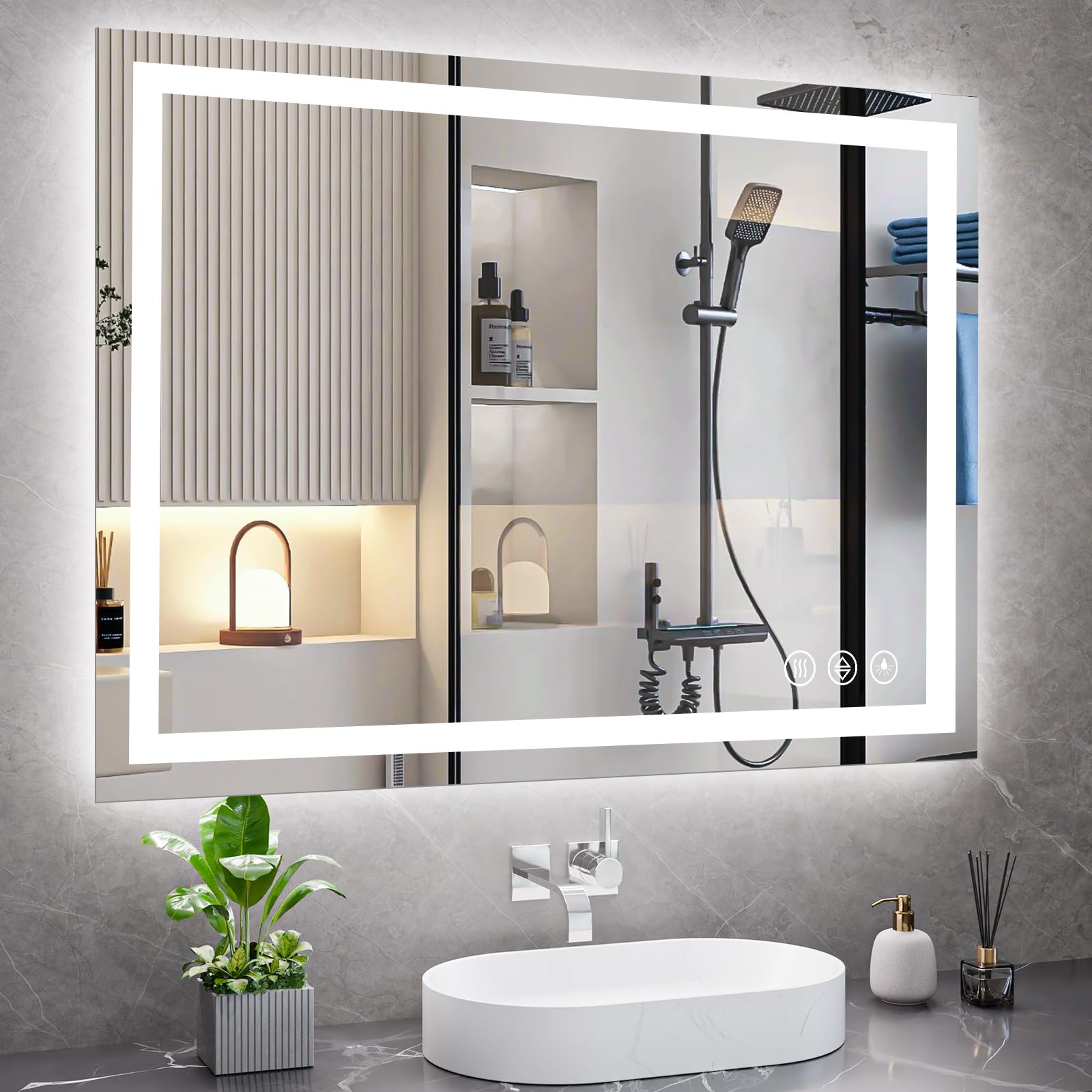 Koonmi 36x48 LED bathroom mirror backlit-frontlit for balanced illumination and clear reflections.