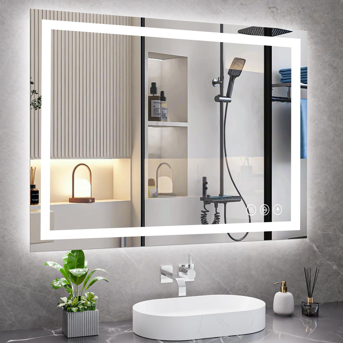 Koonmi 36x48 LED bathroom mirror backlit-frontlit for balanced illumination and clear reflections.