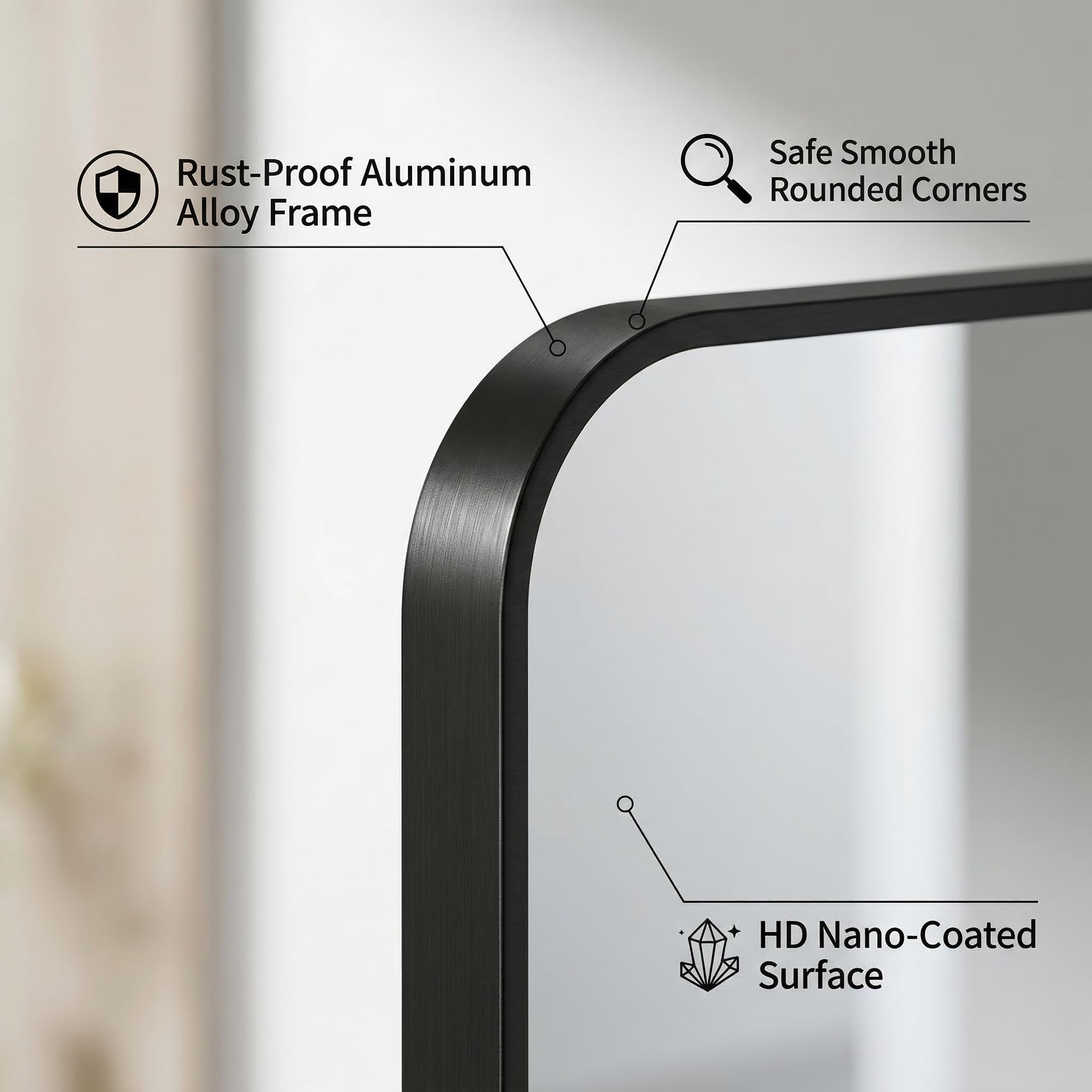 Koonmi anti-rust aluminum frame ensures durable mounting in humid bathrooms.