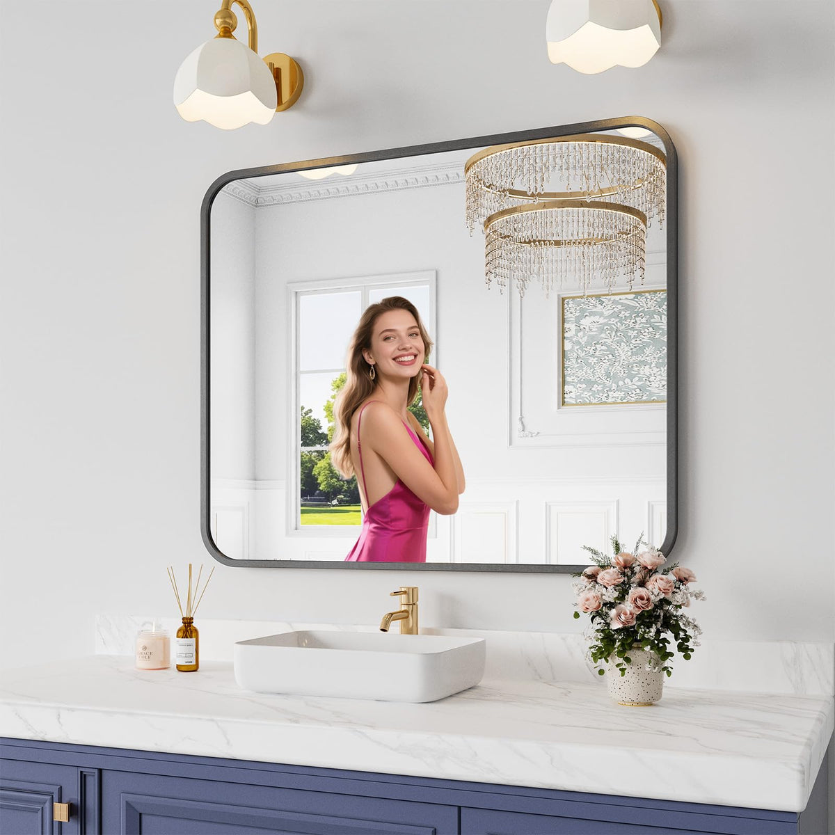 Koonmi bathroom mirror with black frame over sink for clear grooming sessions.