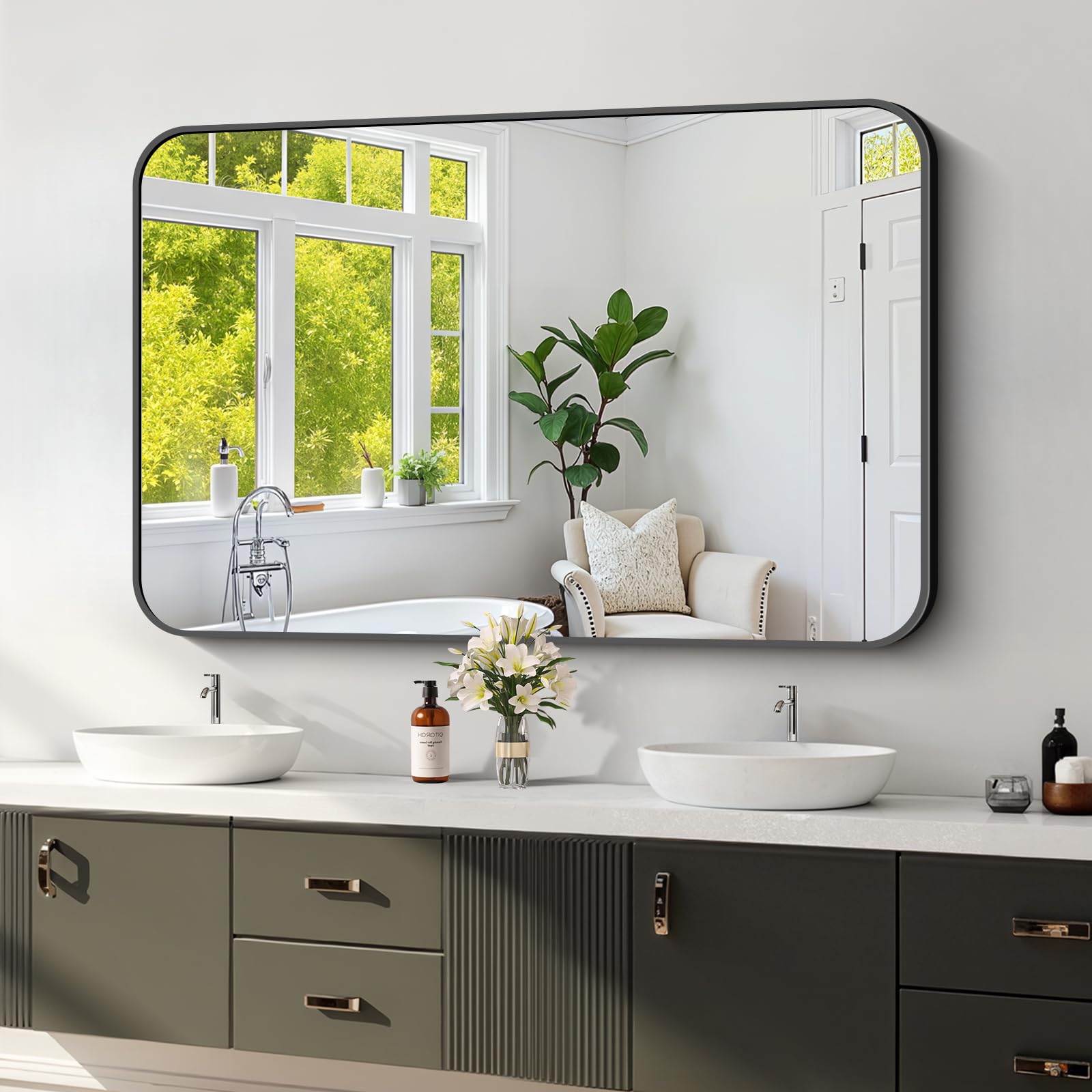 Koonmi black-framed bathroom mirror with large surface for precise grooming