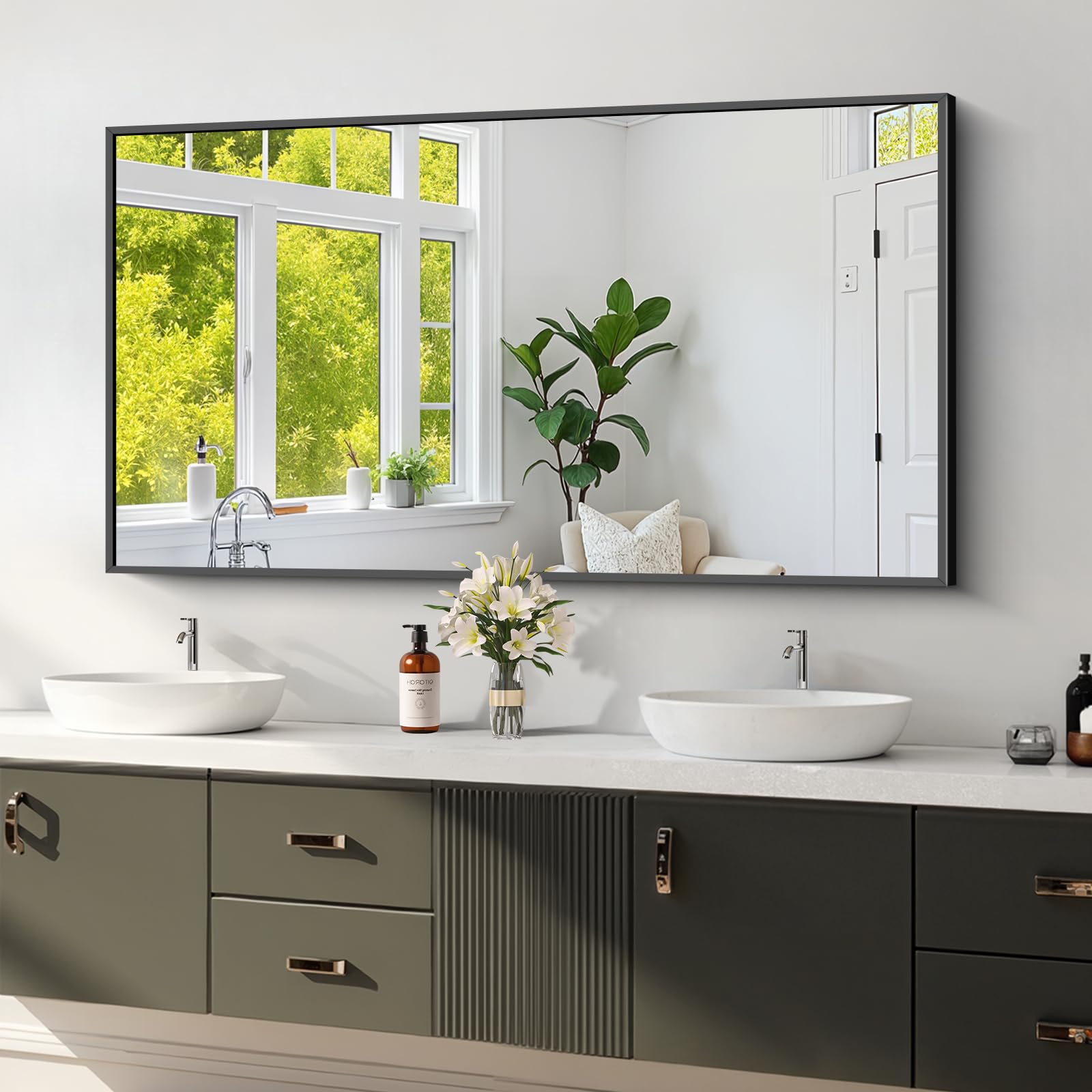 Koonmi black-framed bathroom mirror with crystal-clear reflection for precise grooming