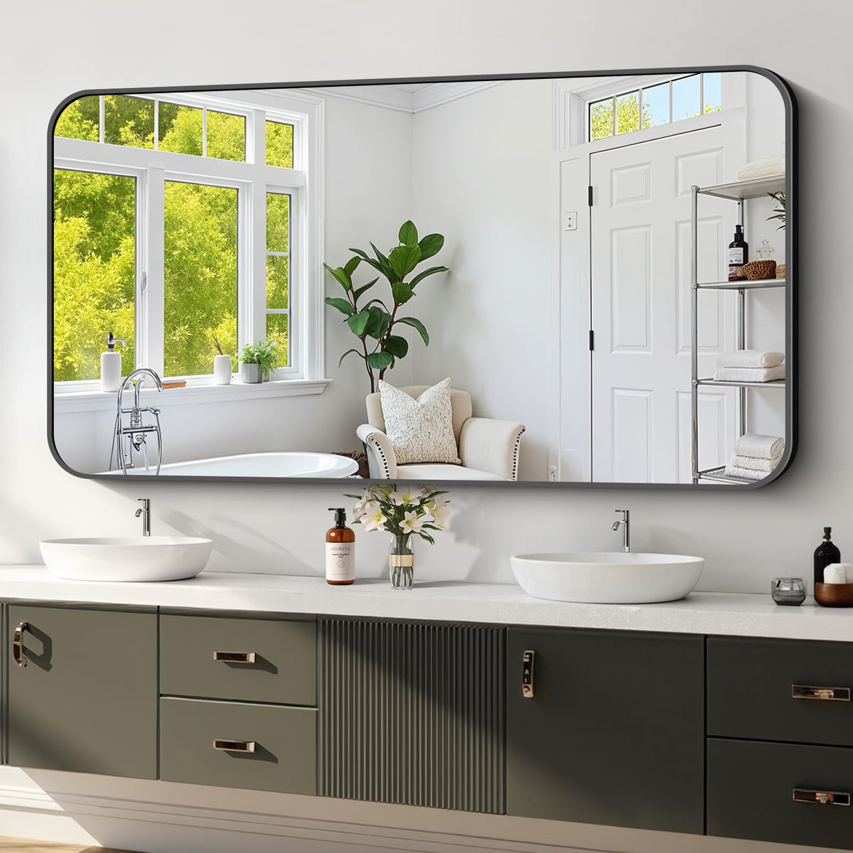 Koonmi black-framed mirror 30x60 wall mounted for a crisp vanity reflection.