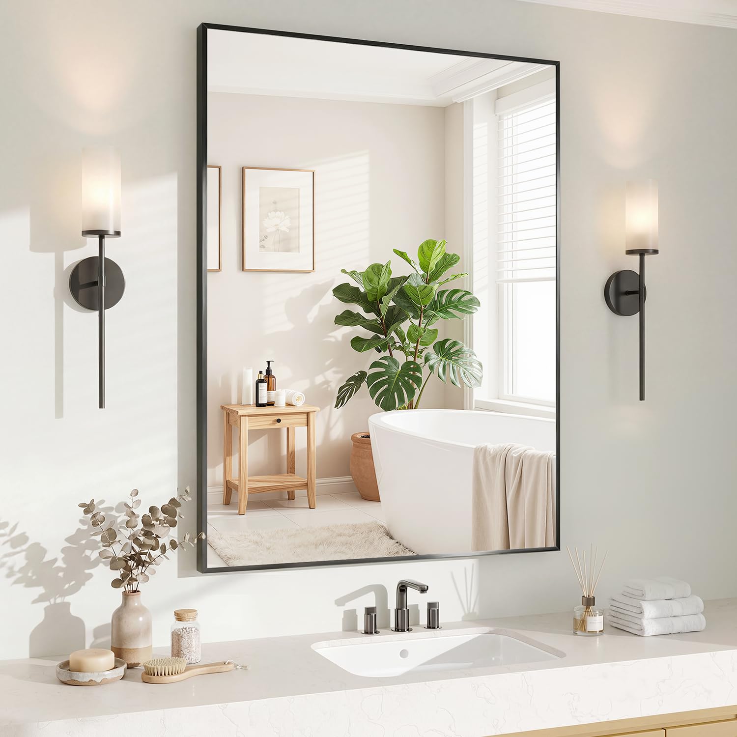 Koonmi black 24x36 inch mirror mounted horizontally above a bathroom vanity