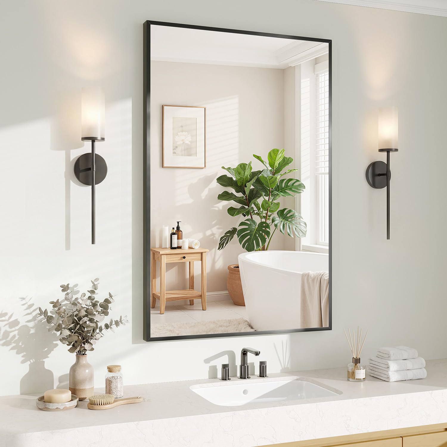 Koonmi Black Rectangle Wall Mirror front view with brushed black finish and clear reflection