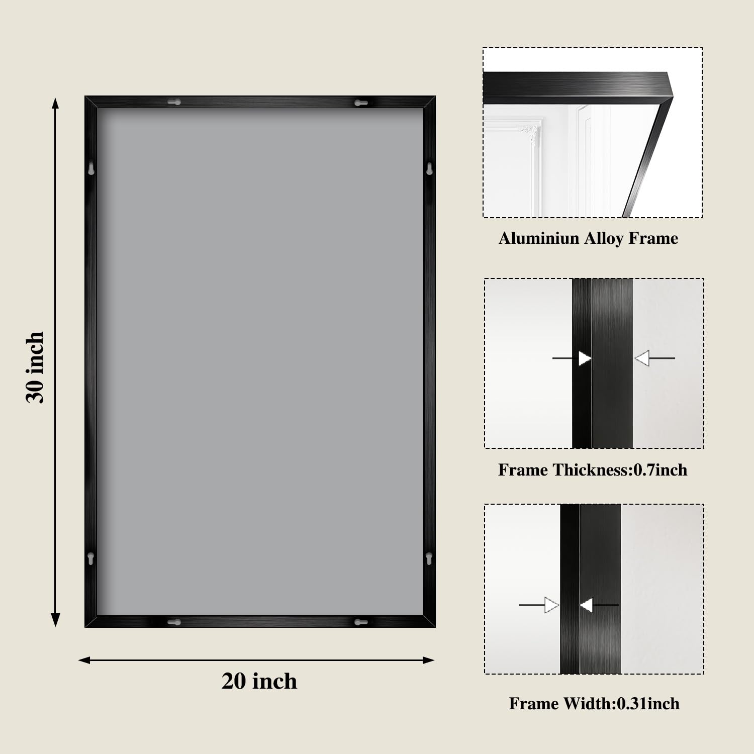 Koonmi Black Rectangle Wall Mirror side view showing slim profile and durable frame
