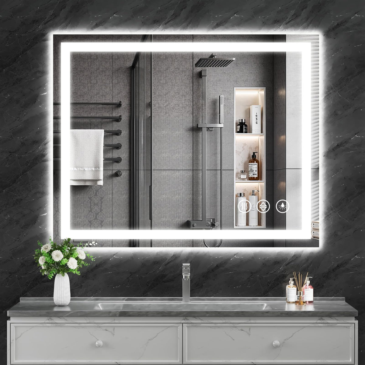 Koonmi LED bathroom mirror with front and backlit illumination for even lighting