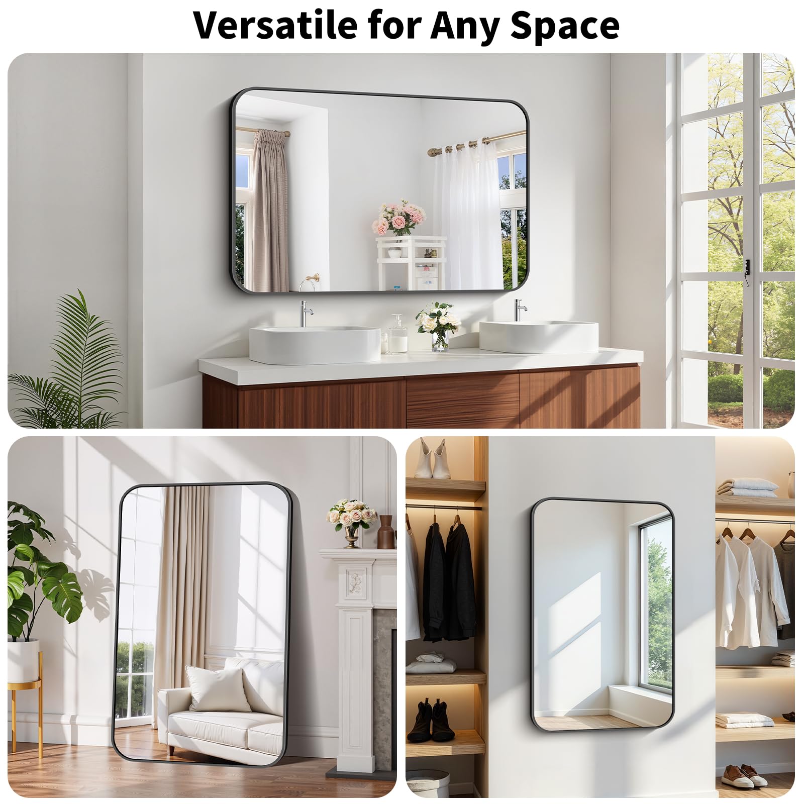 Koonmi modern decor mirror enhances bathrooms, bedrooms, and entryways with timeless versatility