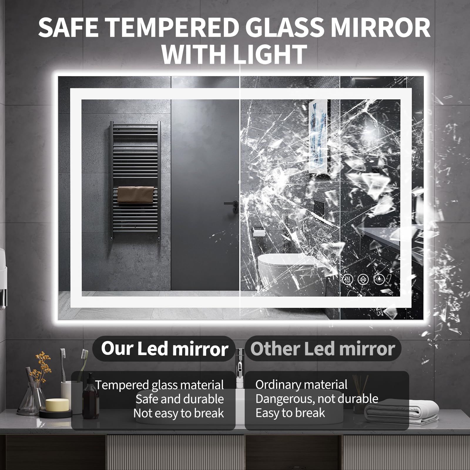 Koonmi tempered glass mirror is shatter-proof and safe in bathrooms