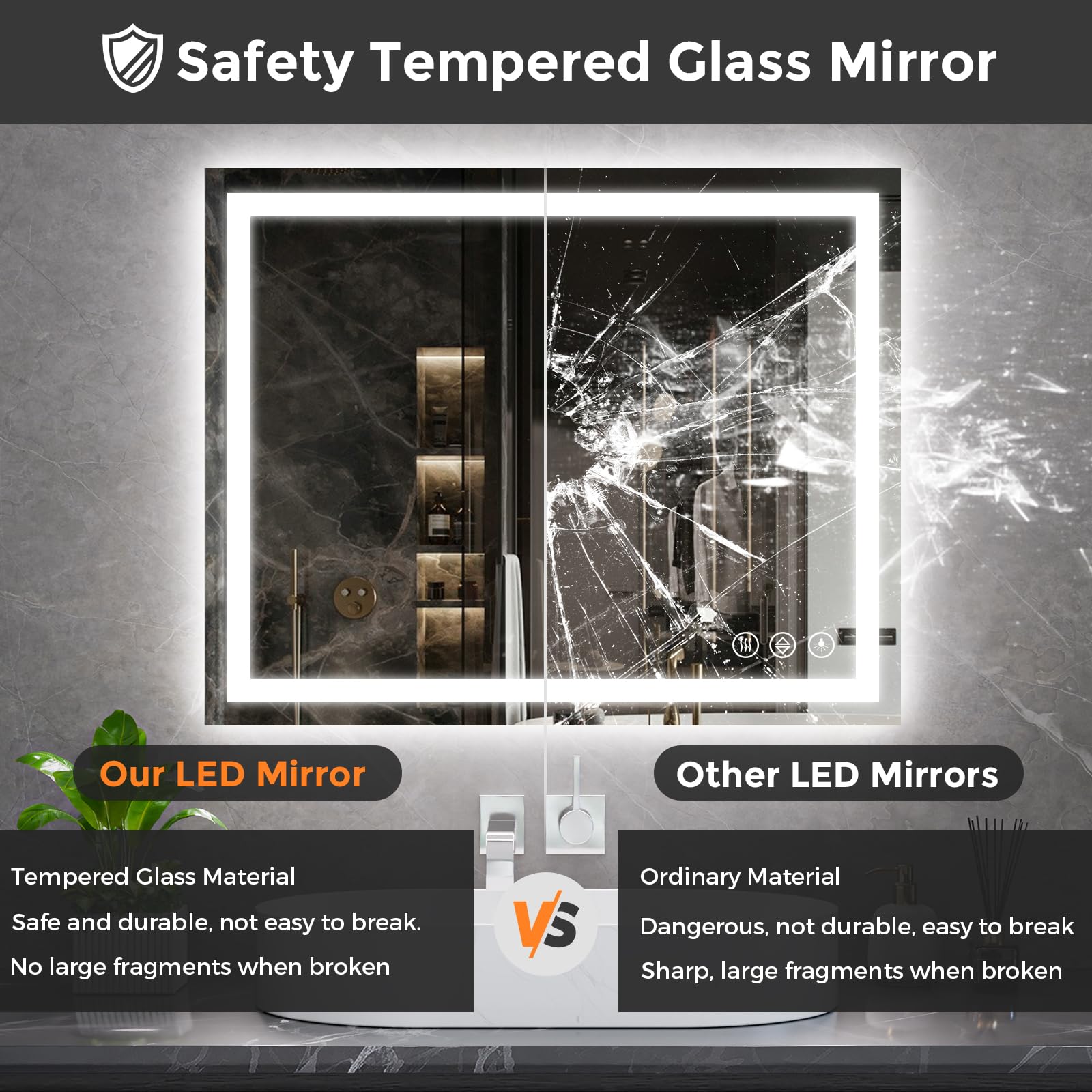 Koonmi wall mount bathroom mirror with durable tempered glass.