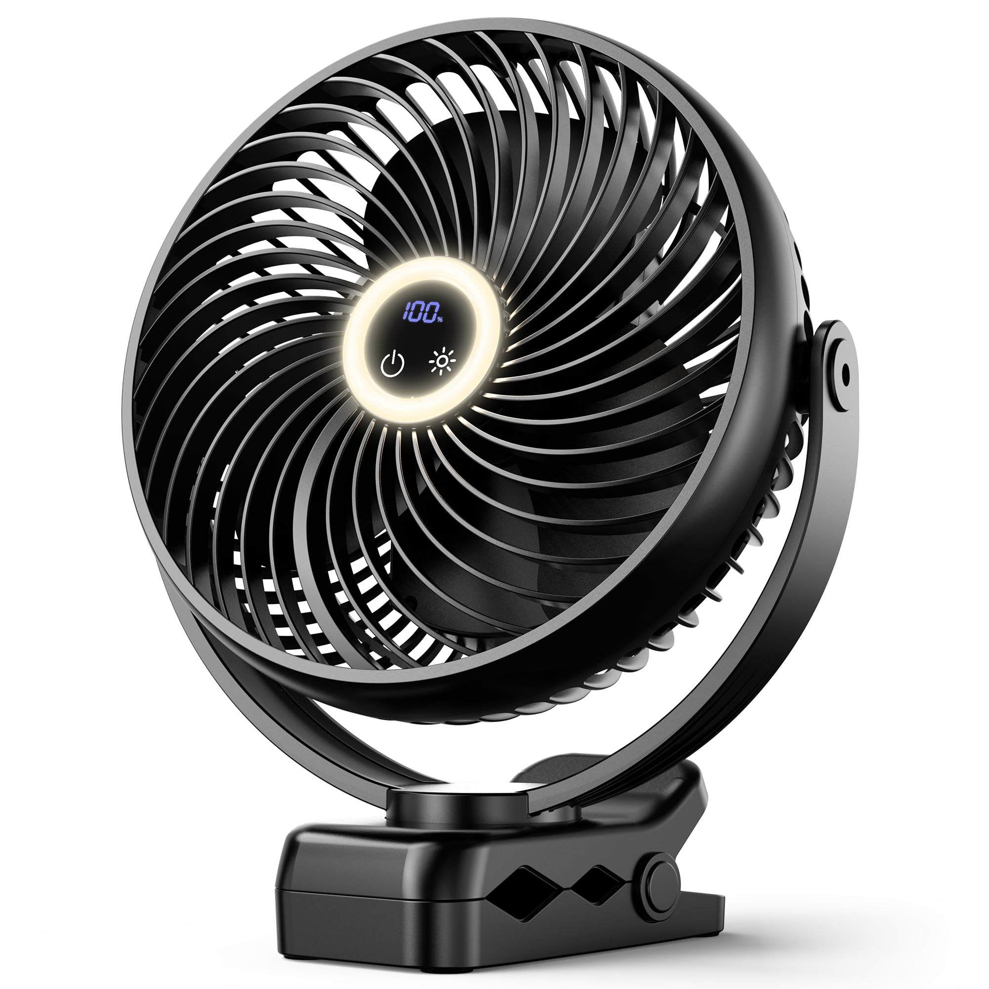 Koonie clip-on fan with LED lantern provides portable cooling for camping.