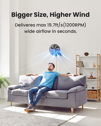 Koonie 12-inch wall fan demonstrates 80-degree oscillation for wide coverage.