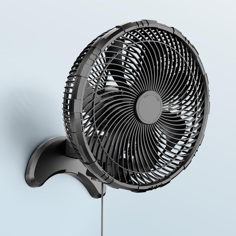 Koonie 12-inch wall fan front view delivering powerful room airflow.