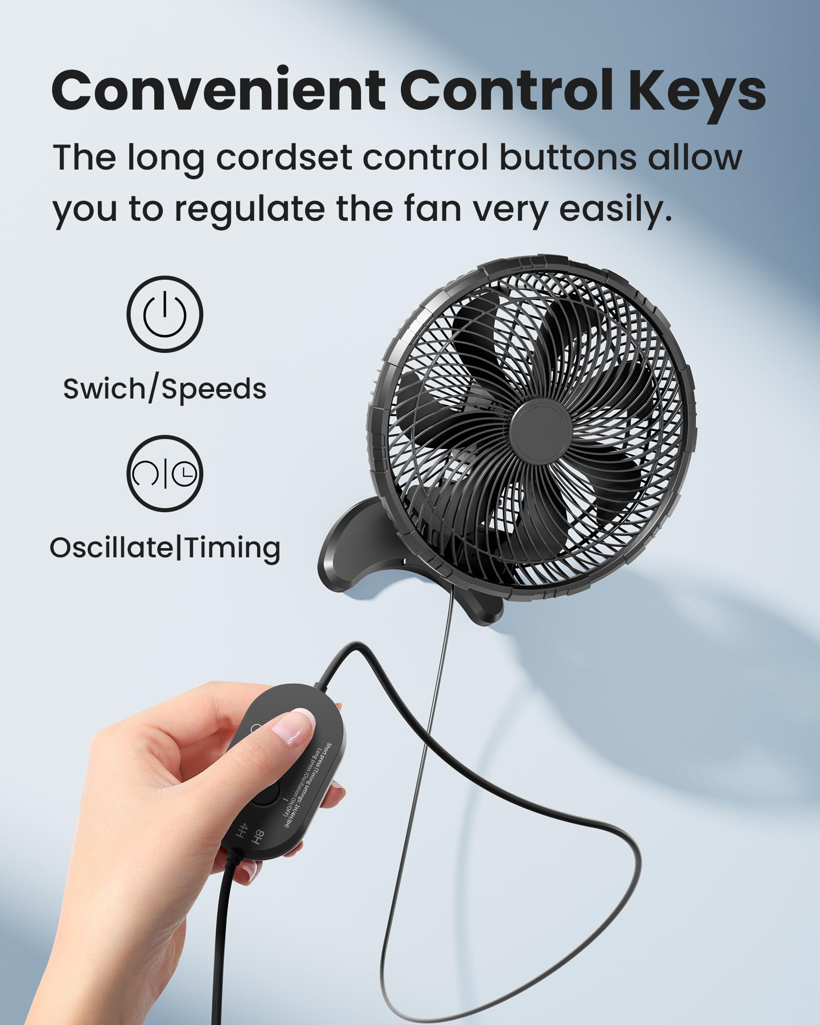 Koonie wall fan operates quietly, ideal for bedrooms and offices.